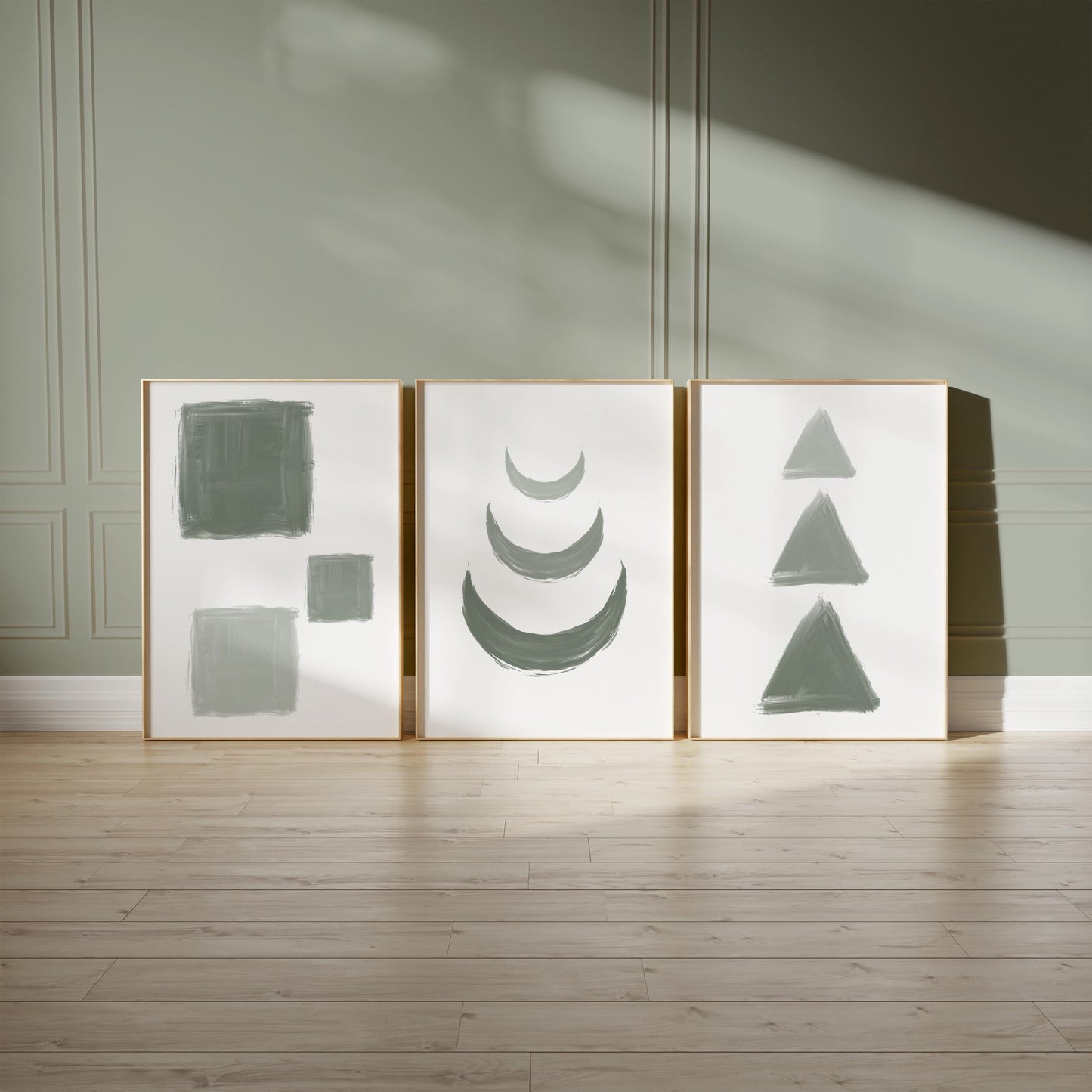 Sage Green Geometric Wall Art Set of 3 – Minimalist Abstract Shapes Print for Modern Home Decor, Living Room or Bedroom Unframed B065