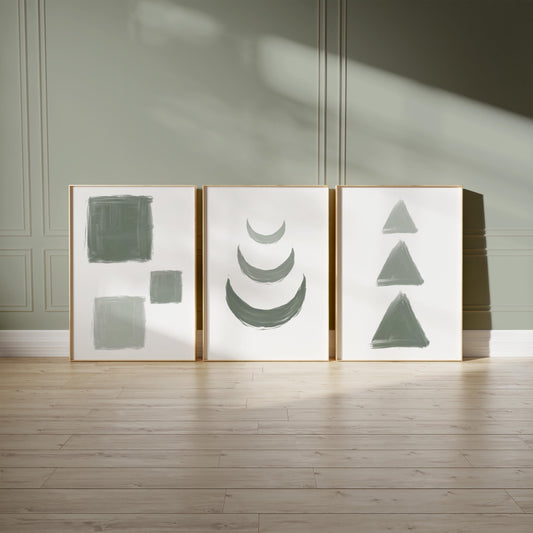 Sage Green Geometric Wall Art Set of 3 – Minimalist Abstract Shapes Print for Modern Home Decor, Living Room or Bedroom Unframed B065
