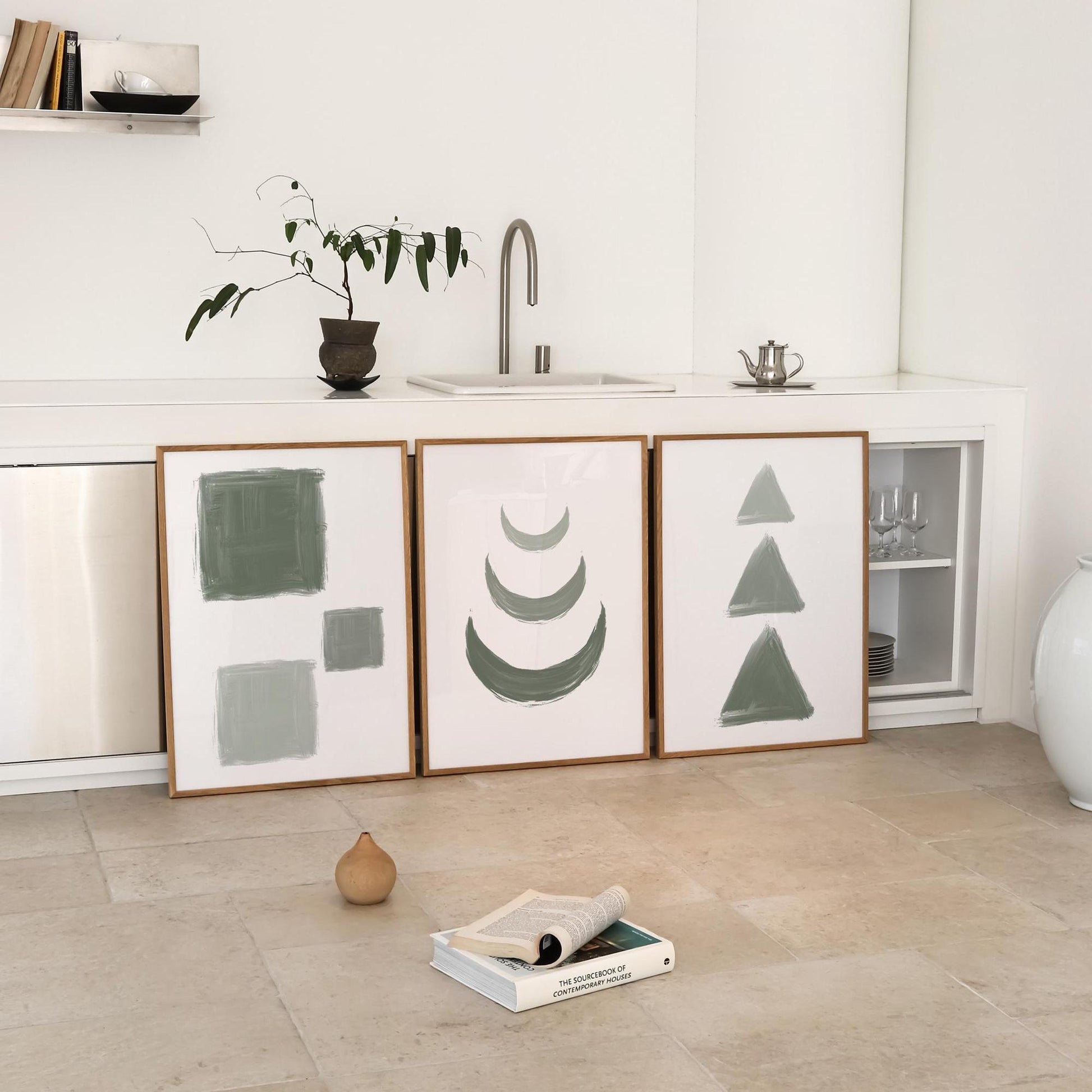 Sage Green Geometric Wall Art Set of 3 – Minimalist Abstract Shapes Print for Modern Home Decor, Living Room or Bedroom Unframed B065