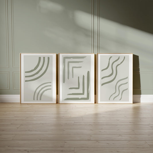Sage Green Minimalist Wall Art Set of 3 – Scandinavian Abstract Line Prints for Neutral Gallery Decor B064