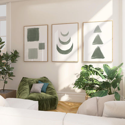 Sage Green Geometric Wall Art Set of 3 – Minimalist Abstract Shapes Print for Modern Home Decor, Living Room or Bedroom Unframed B065