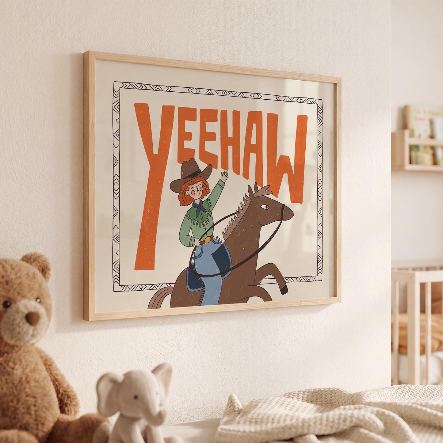 Yeehaw Western Wall Art, Cowgirl Horse Print, Kids Room Poster (MR89)