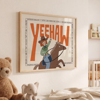 Yeehaw Western Wall Art, Cowgirl Horse Print, Kids Room Poster (MR89)