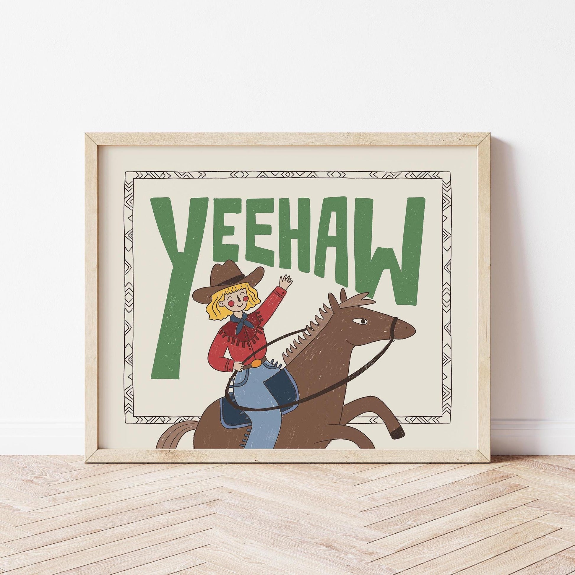 Yeehaw Western Wall Art, Cowgirl Horse Print, Kids Room Poster (MR89)