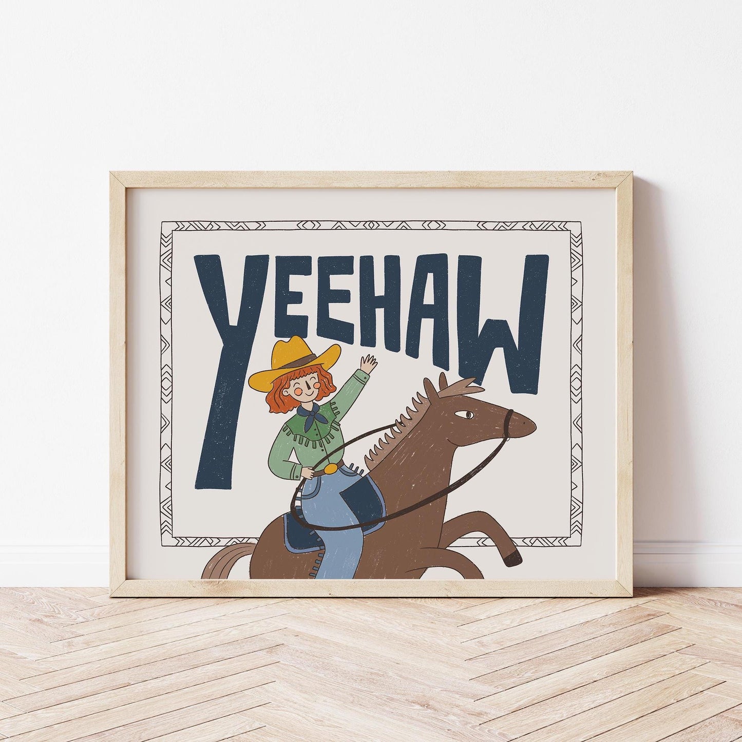 Yeehaw Western Wall Art, Cowgirl Horse Print, Kids Room Poster (MR89)