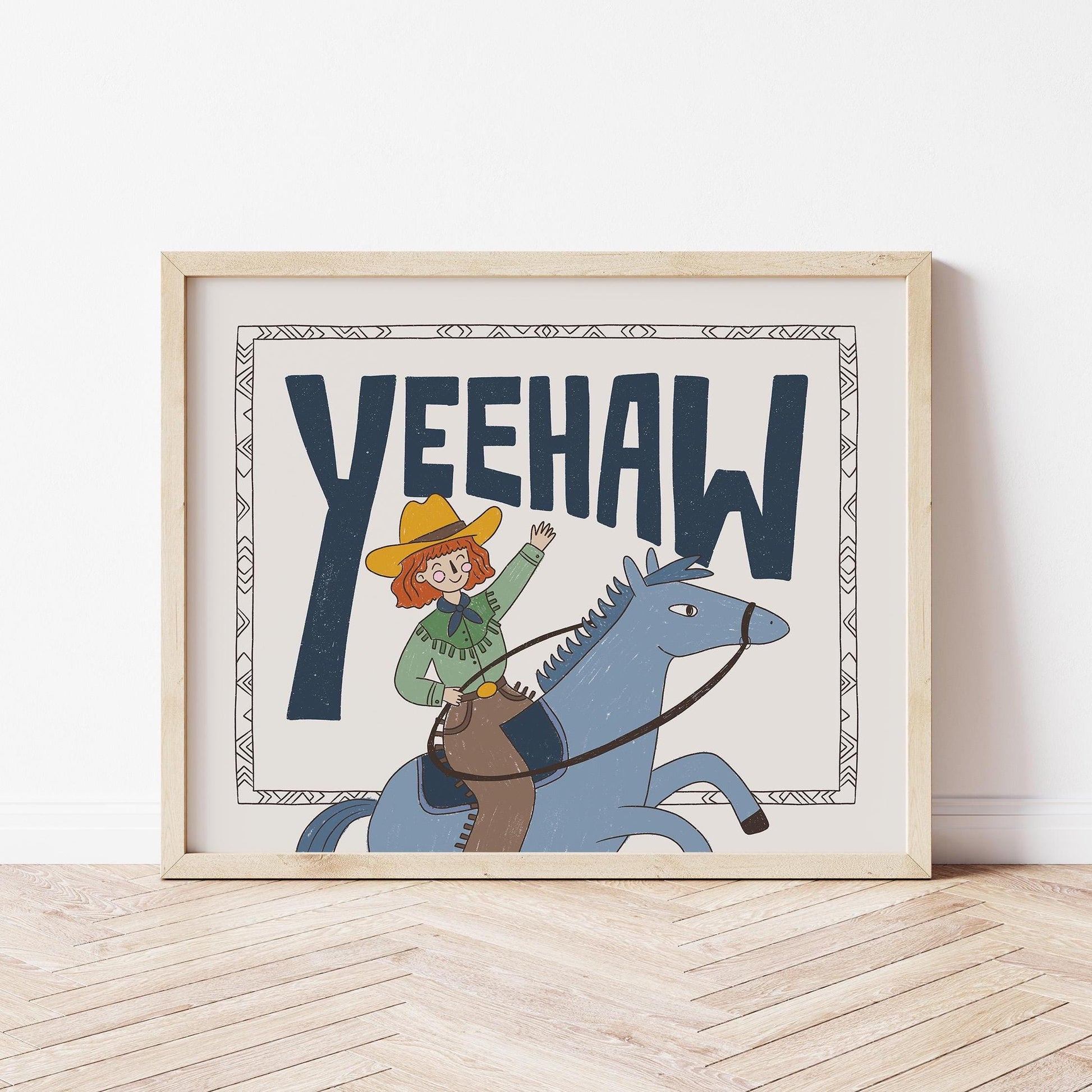 Yeehaw Western Wall Art, Cowgirl Horse Print, Kids Room Poster (MR89)