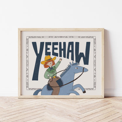 Yeehaw Western Wall Art, Cowgirl Horse Print, Kids Room Poster (MR89)