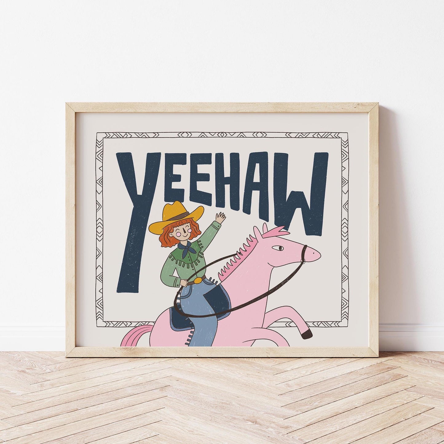 Yeehaw Western Wall Art, Cowgirl Horse Print, Kids Room Poster (MR89)