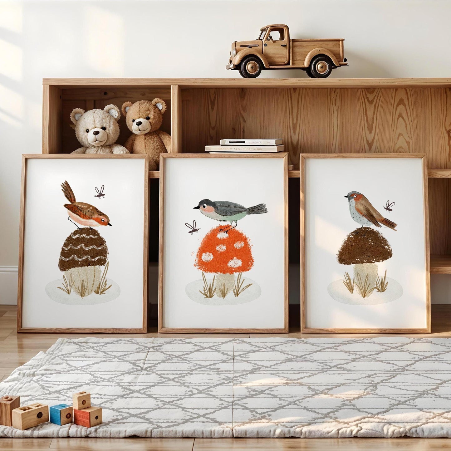 Woodland Birds and Mushroom Nursery Art Prints, Set of 3 N201