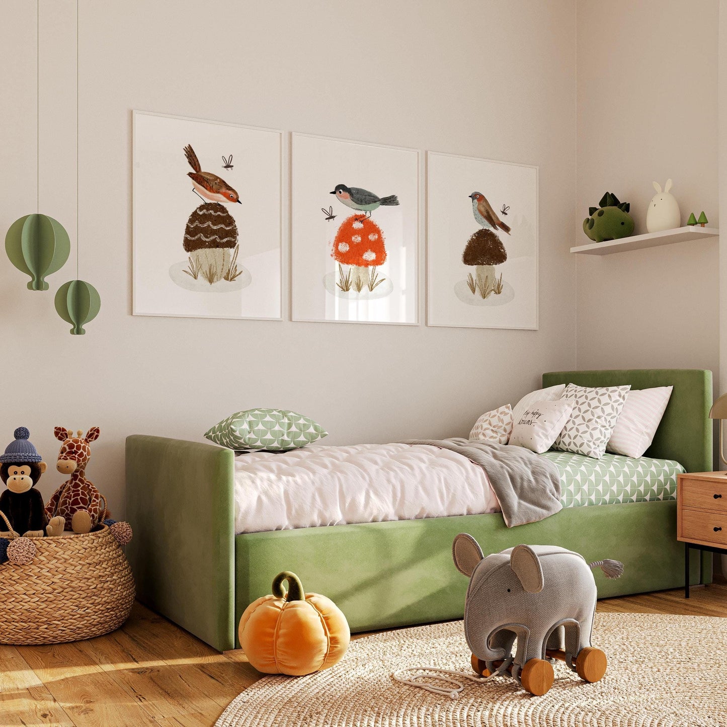 Woodland Birds and Mushroom Nursery Art Prints, Set of 3 N201