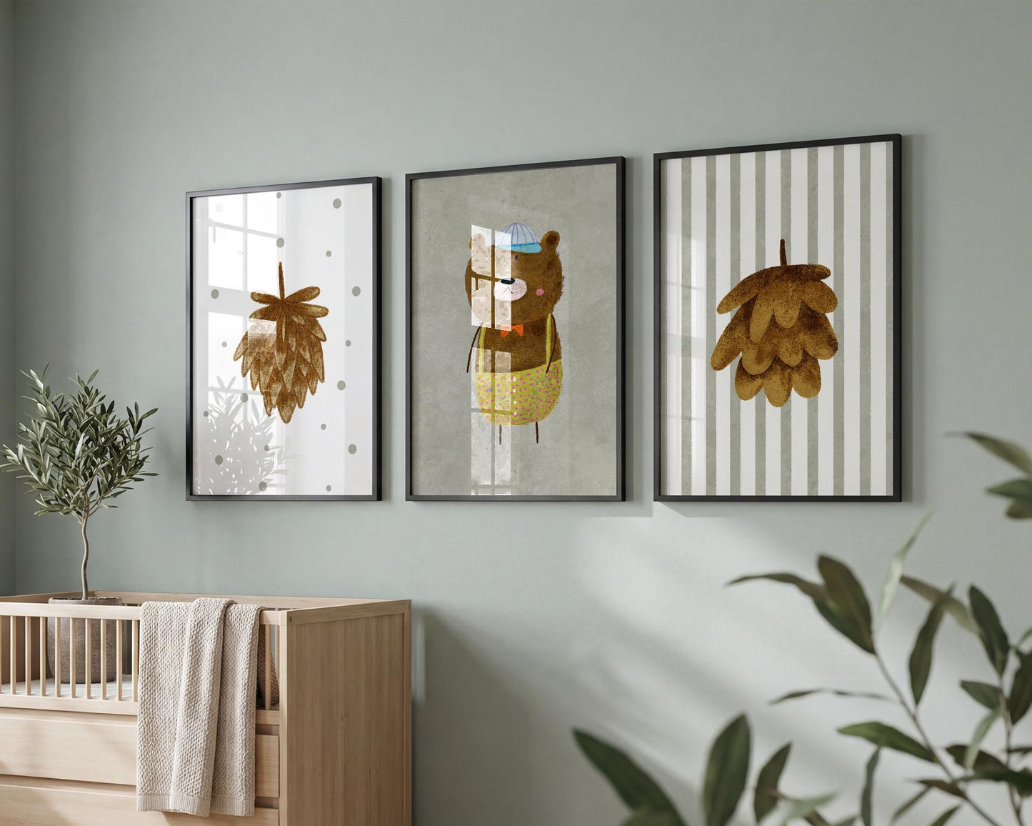 Woodland Bear Nursery Art – Set of 3 Boho Forest Prints (Physical Paper) N202