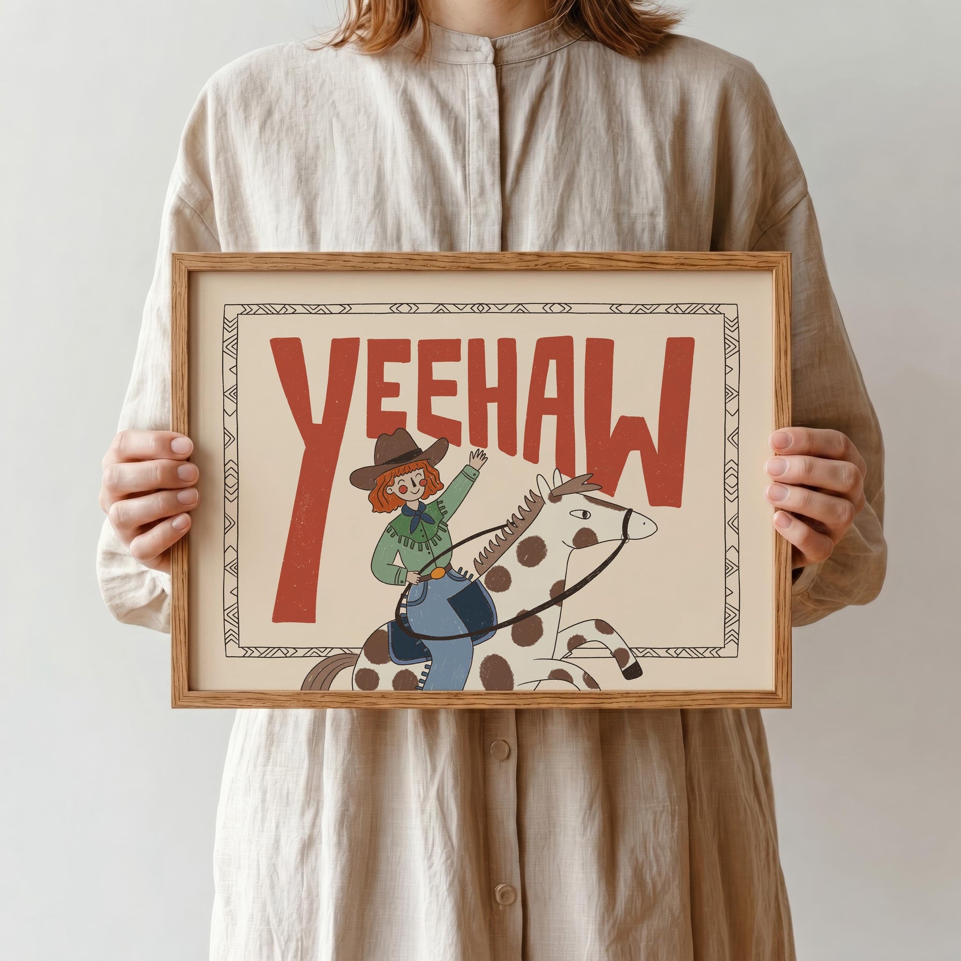 Yeehaw Western Wall Art, Cowgirl Horse Print, Kids Room Poster (MR89)
