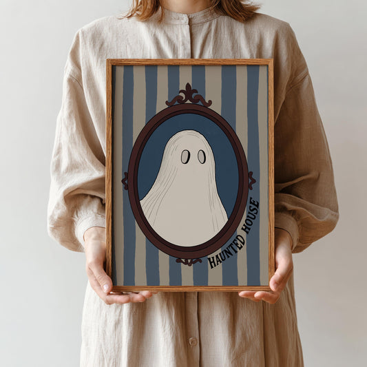 Whimsical Ghost Art Print – Vintage Halloween Haunted House Decor MR30