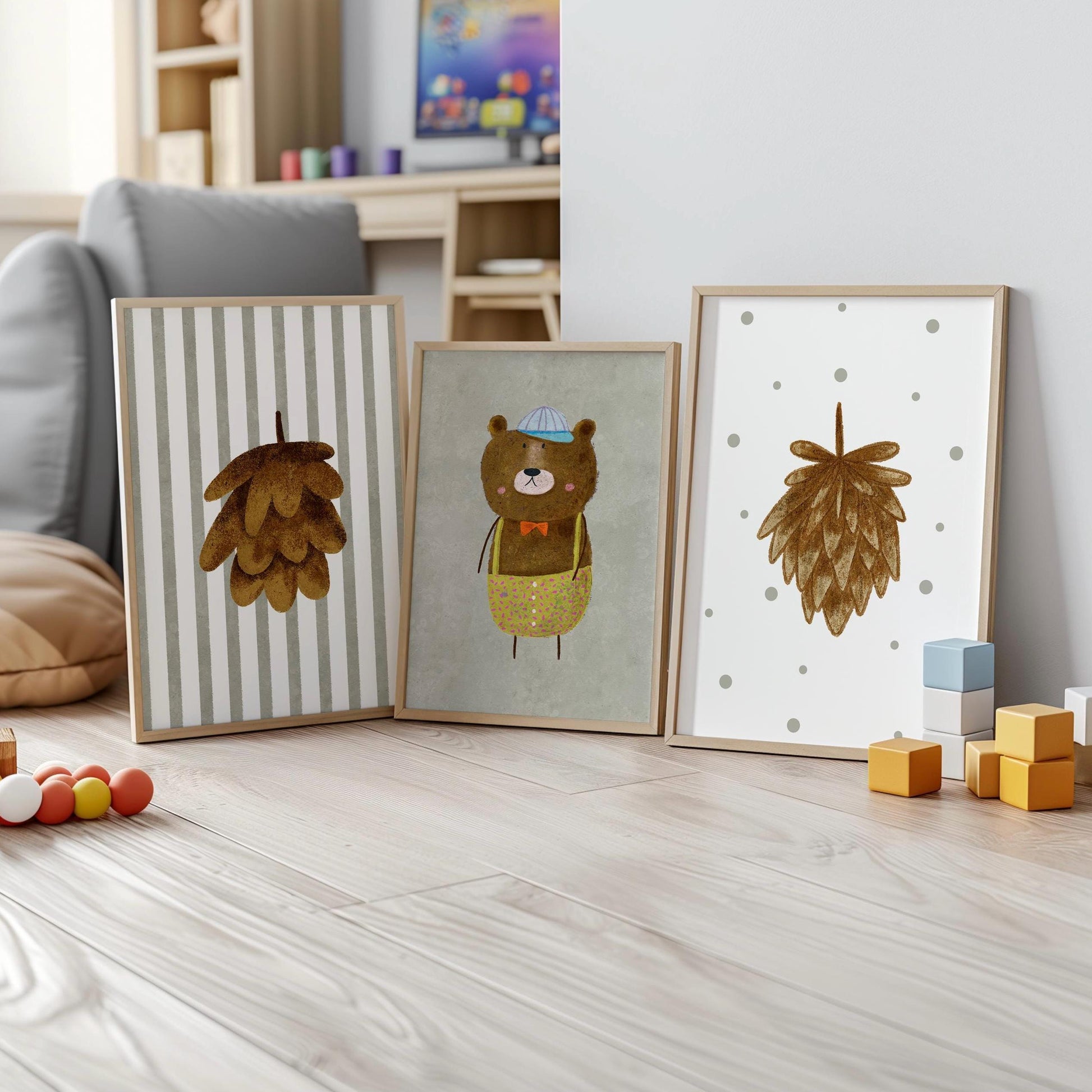 Woodland Bear Nursery Art – Set of 3 Boho Forest Prints (Physical Paper) N202