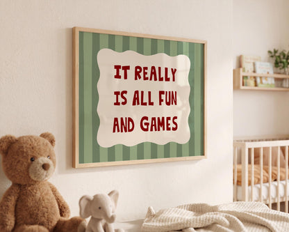 All Fun and Games Poster, Funky Playroom Art, Colorful Kids Print MR92