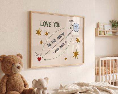 Love You To The Moon And Back Print, Playroom Poster, Nursery Wall Decor MR93