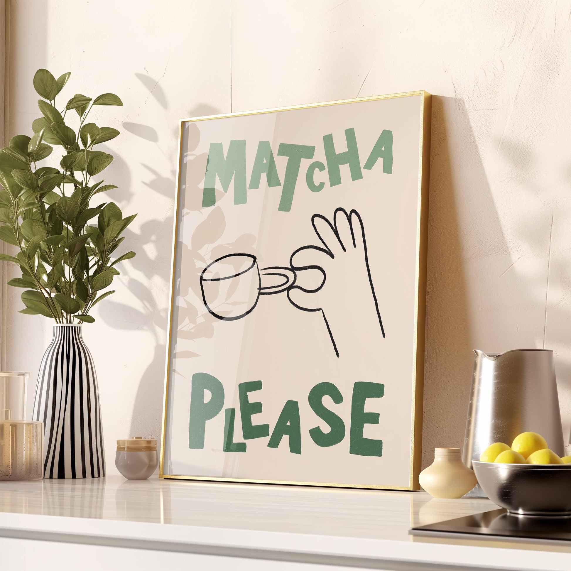 Matcha Please Hand-Drawn Poster, Playful Kitchen Art Print (Physical Paper Print) MR9
