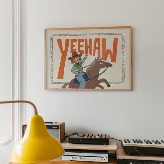 Yeehaw Western Wall Art, Cowgirl Horse Print, Kids Room Poster (MR89)