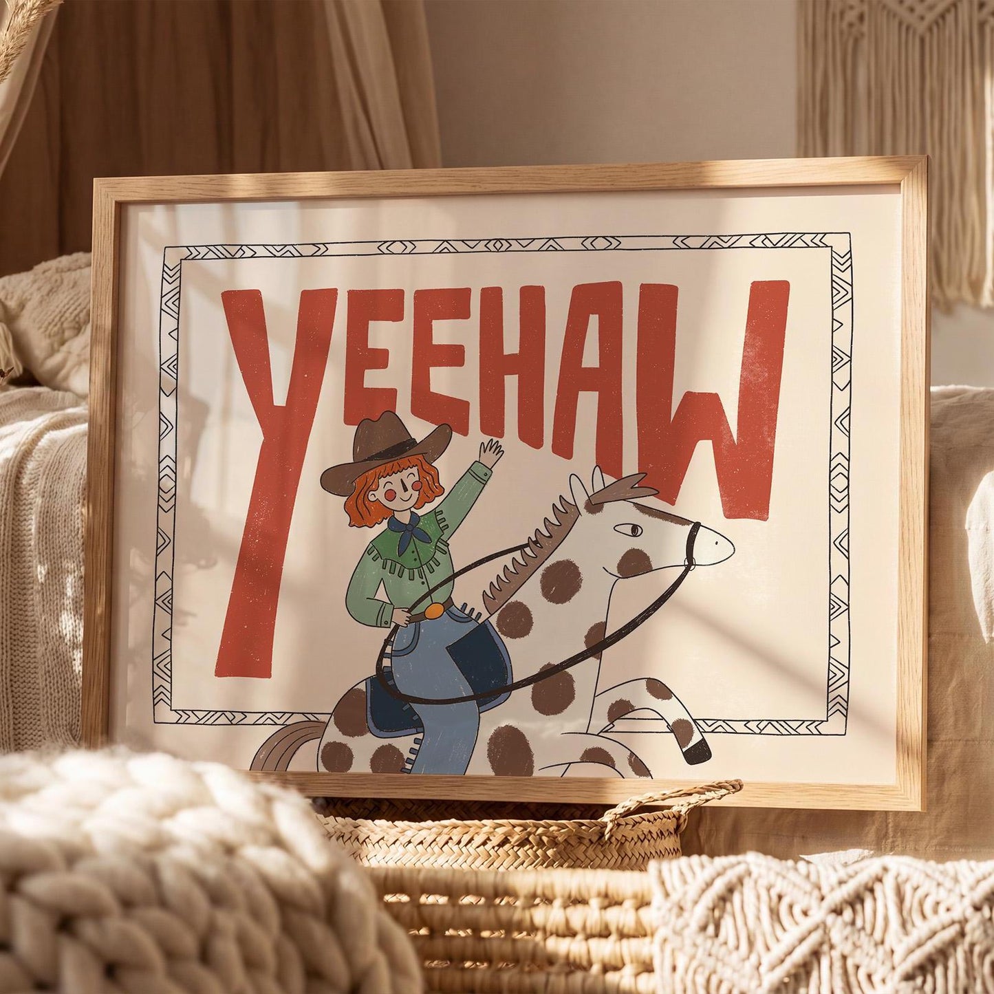 Yeehaw Western Wall Art, Cowgirl Horse Print, Kids Room Poster (MR89)