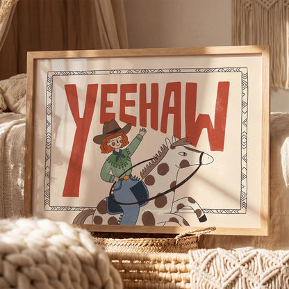 Yeehaw Western Wall Art, Cowgirl Horse Print, Kids Room Poster (MR89)
