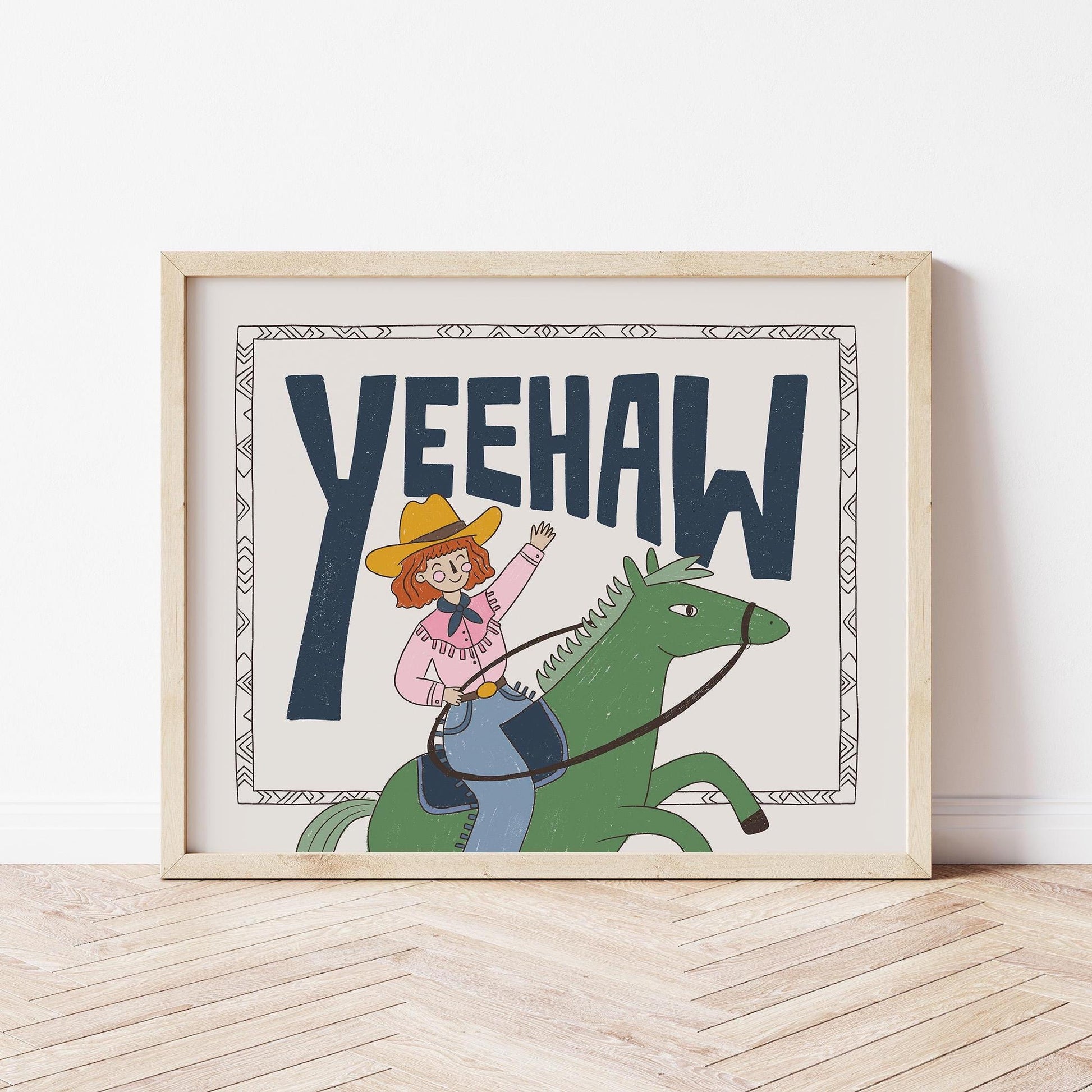Yeehaw Western Wall Art, Cowgirl Horse Print, Kids Room Poster (MR89)