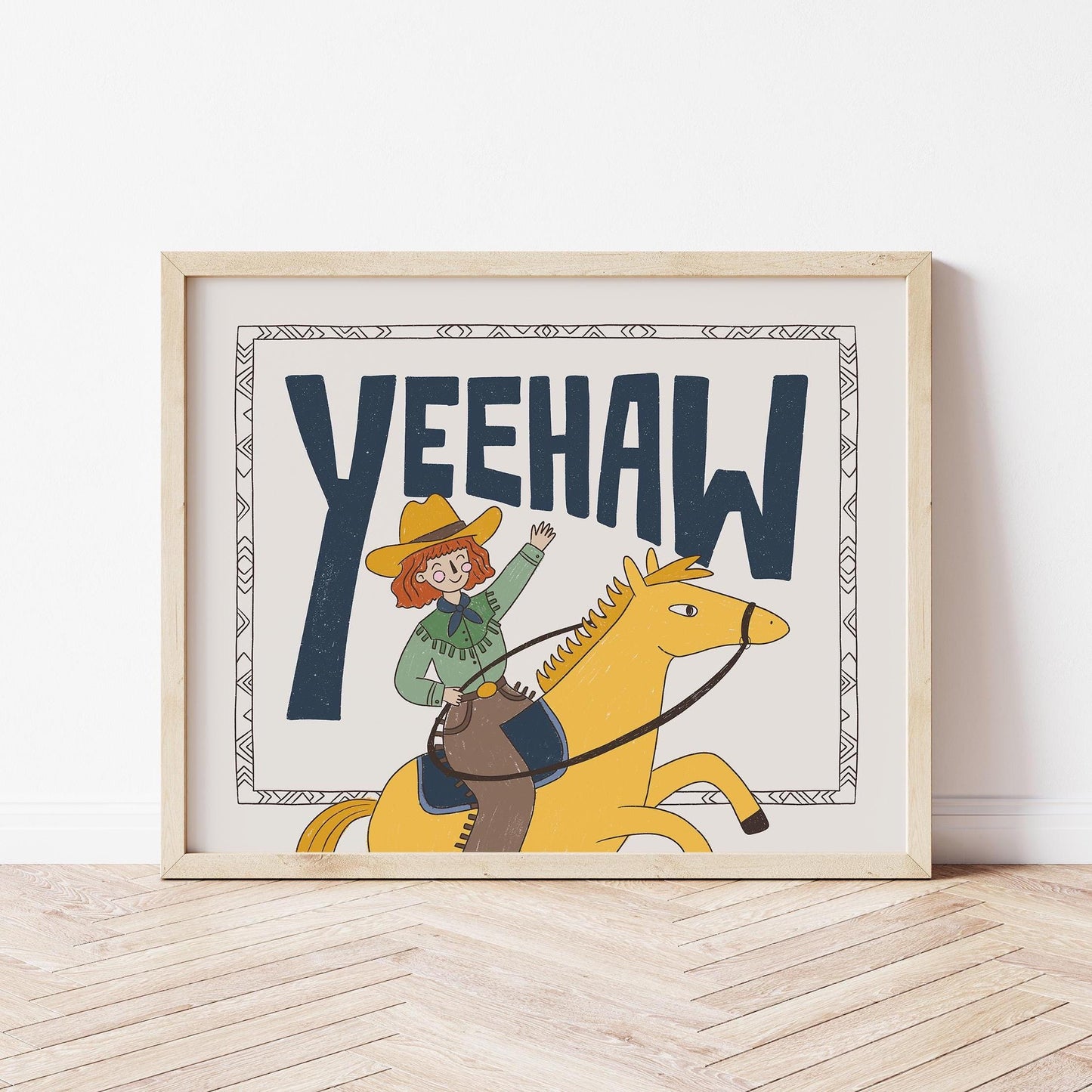 Yeehaw Western Wall Art, Cowgirl Horse Print, Kids Room Poster (MR89)