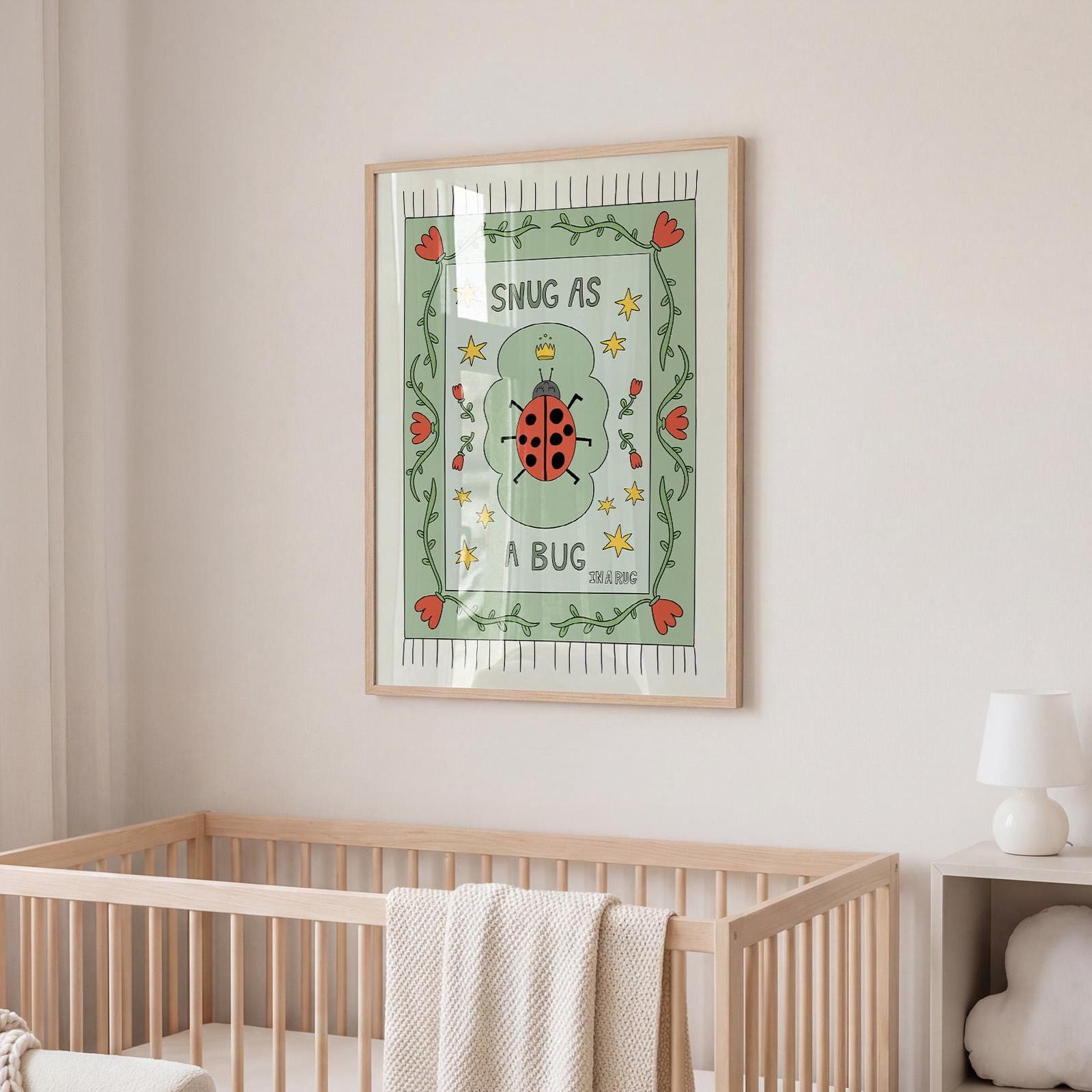 Snug as a Bug in A Rug Poster, Ladybug Nursery Print: Hand-Drawn Whimsical Kids Wall Art MR23