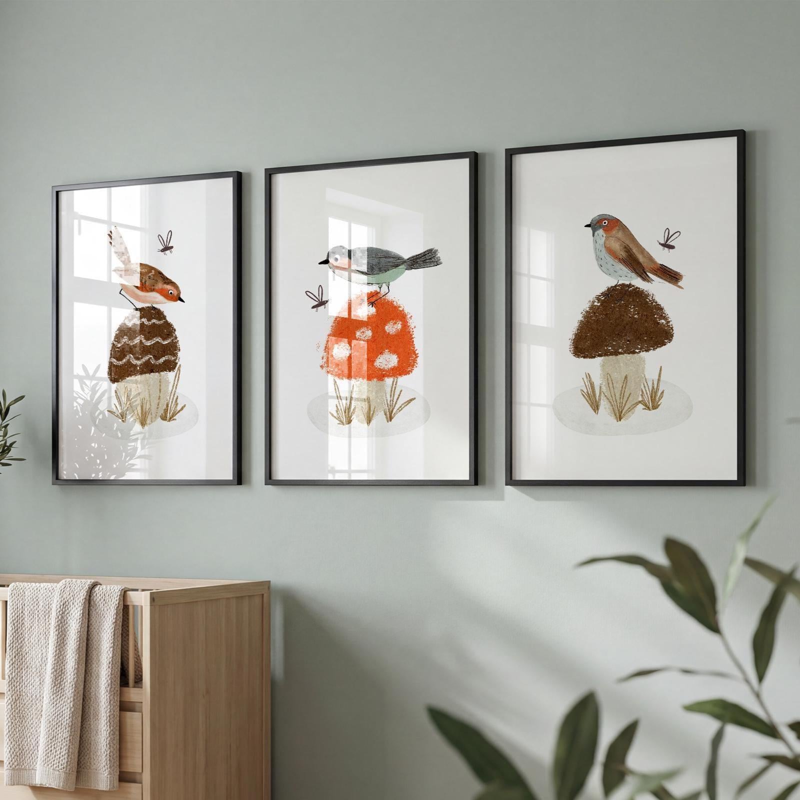 Woodland Birds and Mushroom Nursery Art Prints, Set of 3 N201