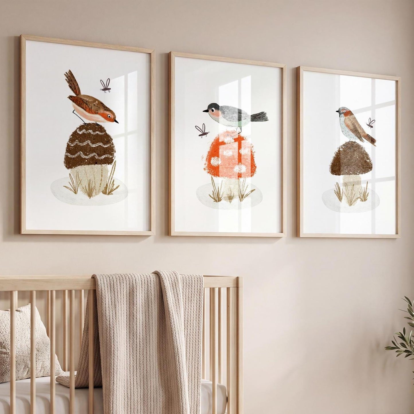 Woodland Birds and Mushroom Nursery Art Prints, Set of 3 N201