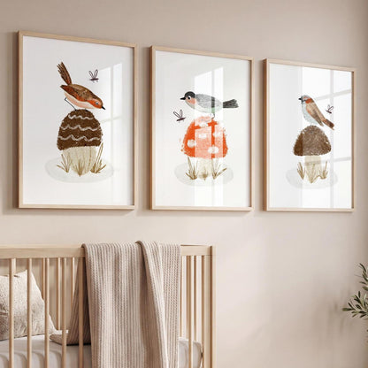 Woodland Birds and Mushroom Nursery Art Prints, Set of 3 N201