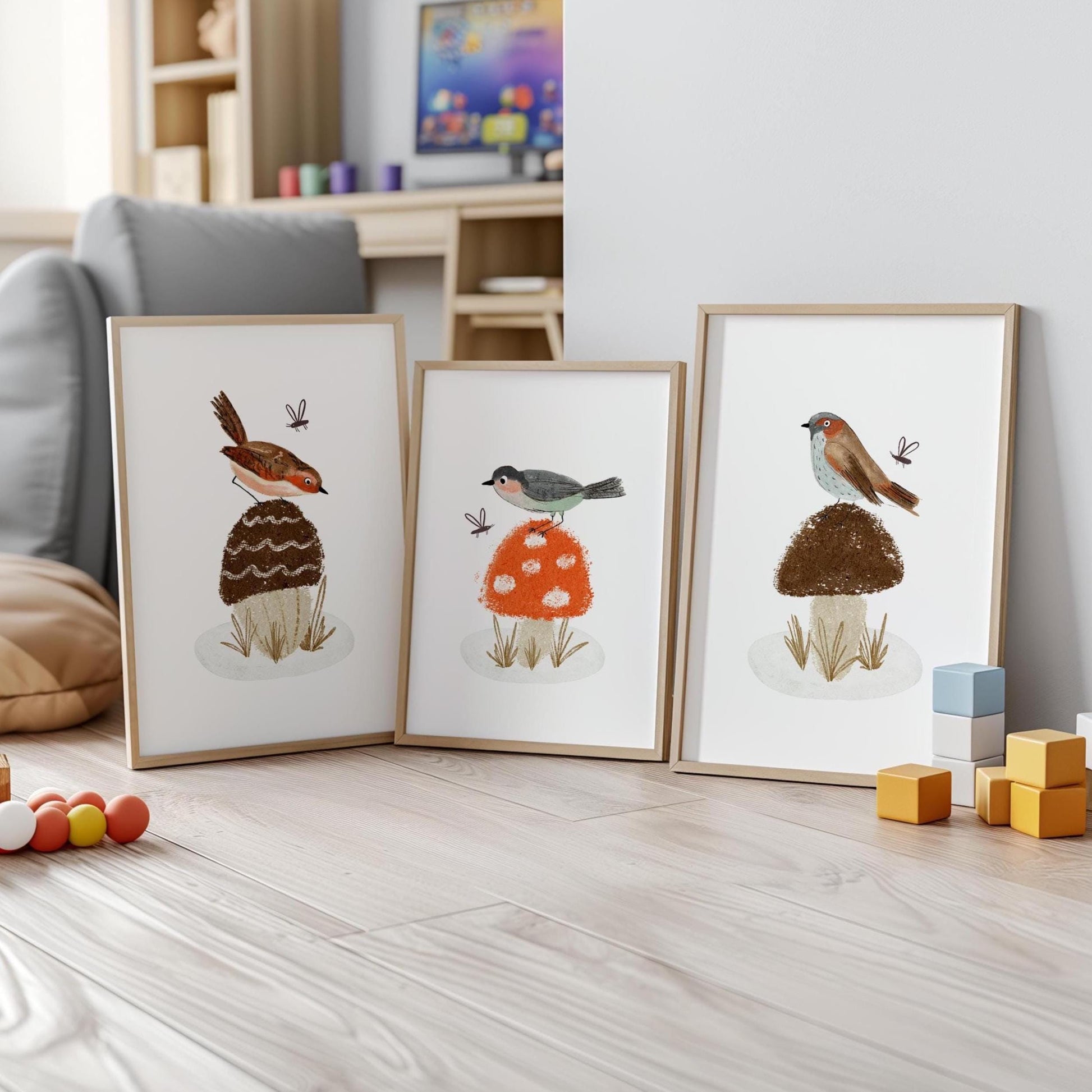 Woodland Birds and Mushroom Nursery Art Prints, Set of 3 N201