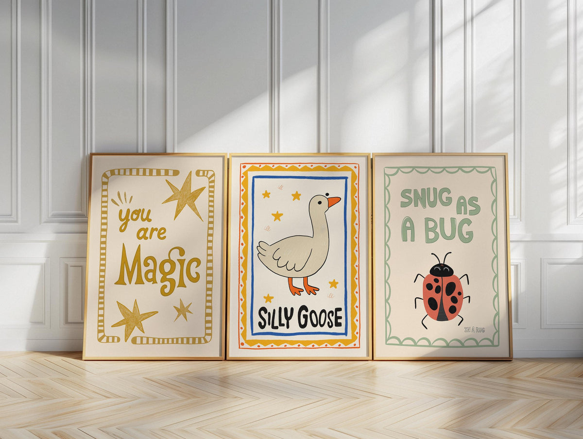 Silly Goose Print, Snug As A Bug Nursery Decor, Quirky Wall, Trendy Magic Art, Rustic Art, Whimsical Kids