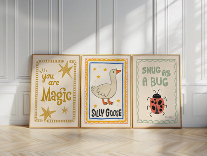 Silly Goose Print, Snug As A Bug Nursery Decor, Quirky Wall, Trendy Magic Art, Rustic Art, Whimsical Kids