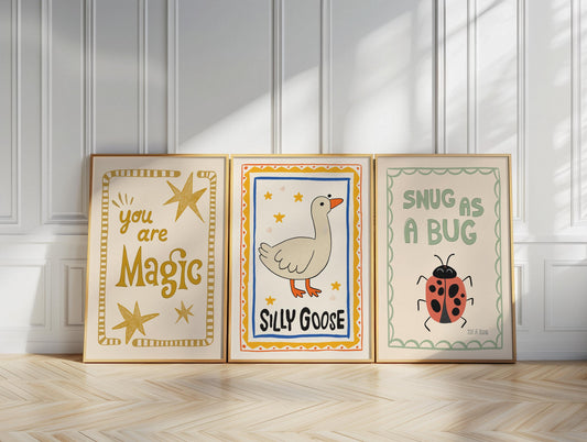 Silly Goose Print, Snug As A Bug Nursery Decor, Quirky Wall, Trendy Magic Art, Rustic Art, Whimsical Kids