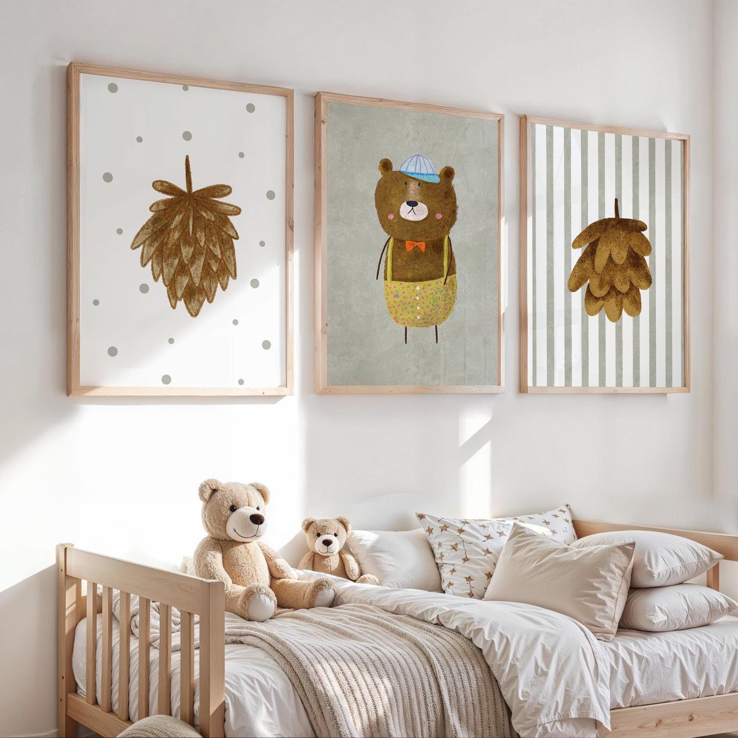 Woodland Bear Nursery Art – Set of 3 Boho Forest Prints (Physical Paper) N202