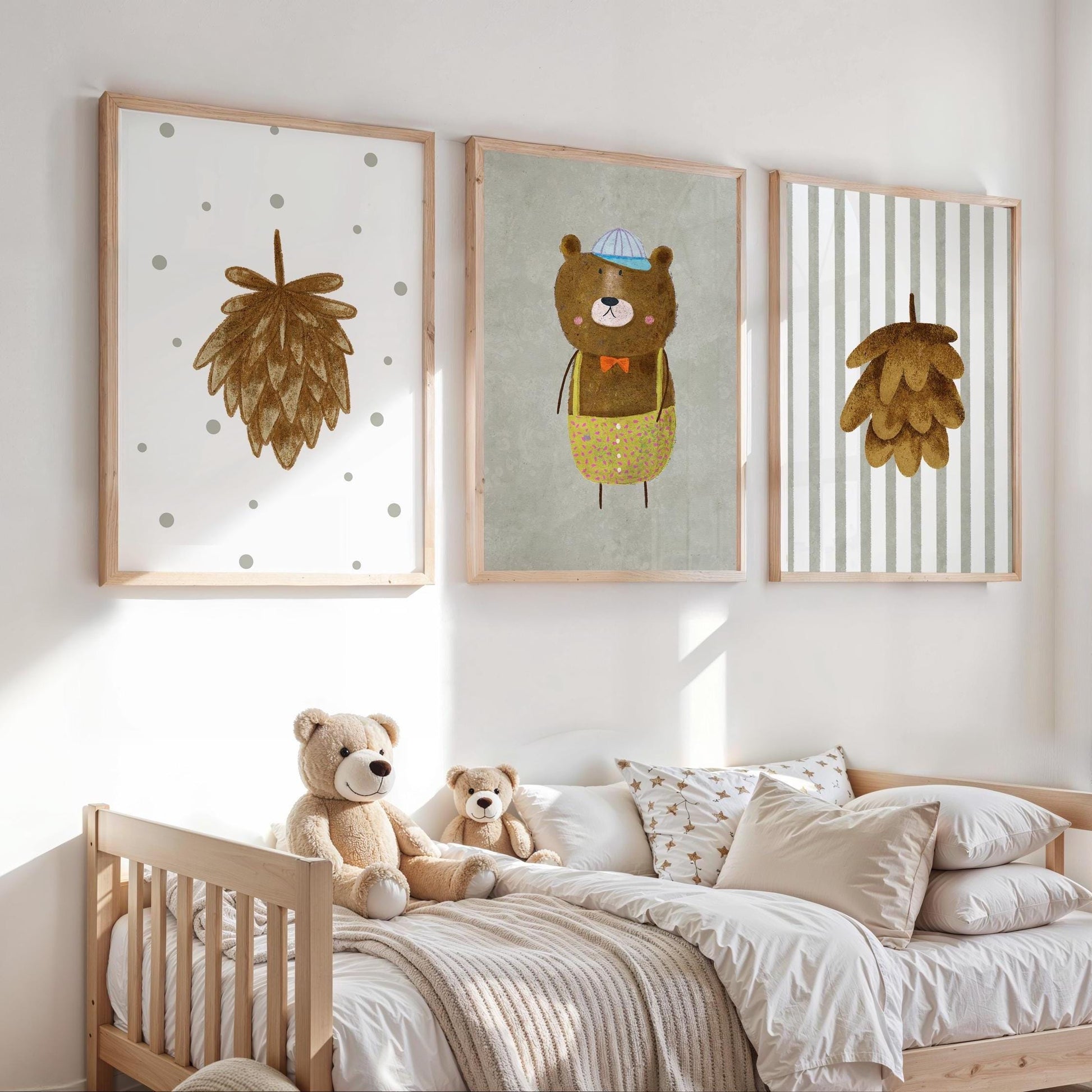 Woodland Bear Nursery Art – Set of 3 Boho Forest Prints (Physical Paper) N202