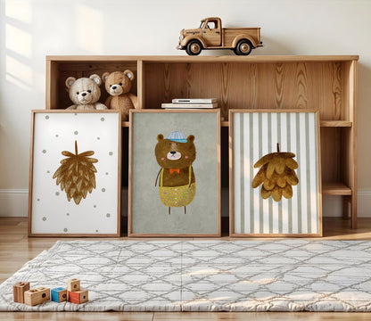 Woodland Bear Nursery Art – Set of 3 Boho Forest Prints (Physical Paper) N202