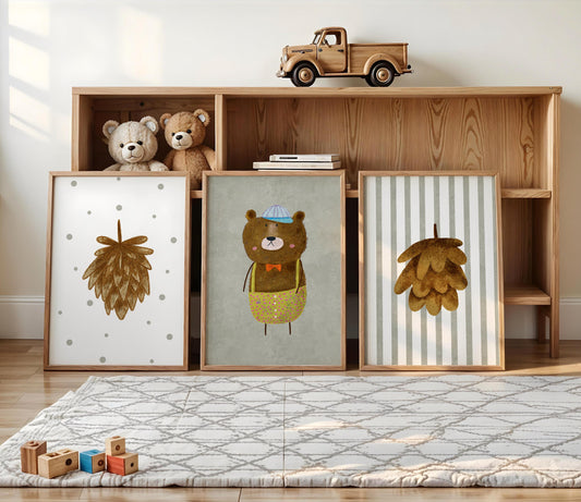Woodland Bear Nursery Art – Set of 3 Boho Forest Prints (Physical Paper) N202