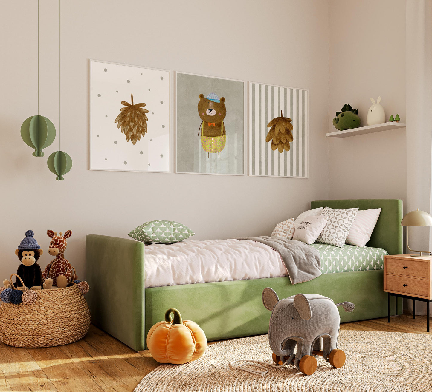 Woodland Bear Nursery Art – Set of 3 Boho Forest Prints (Physical Paper) N202