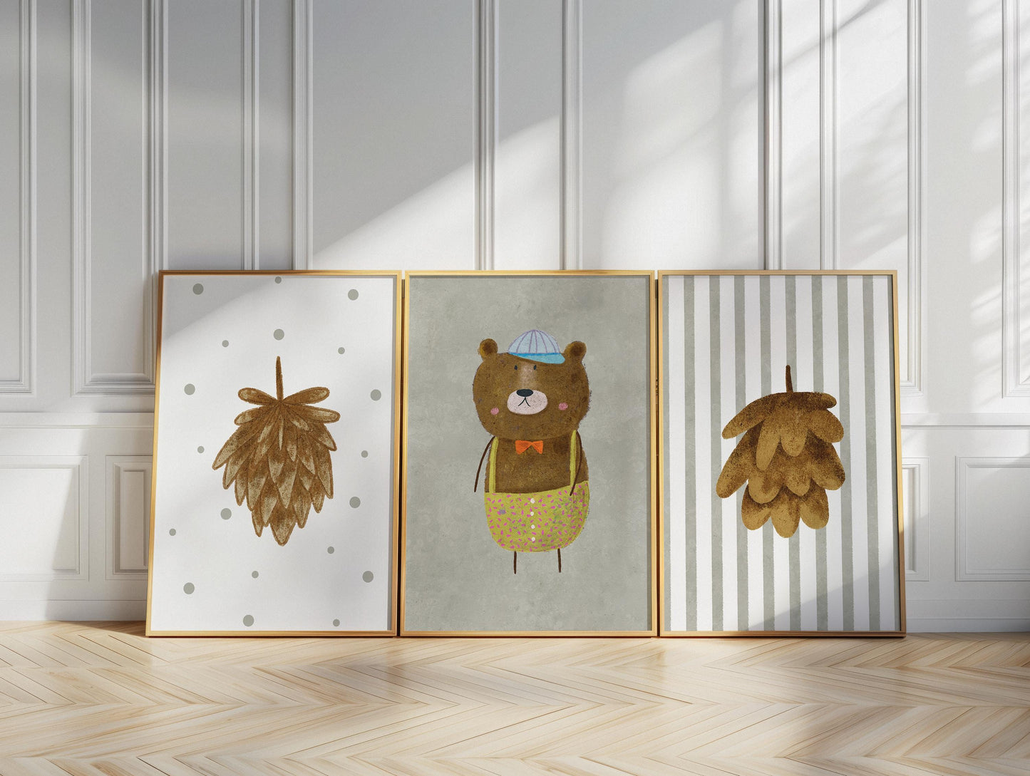Woodland Bear Nursery Art – Set of 3 Boho Forest Prints (Physical Paper) N202