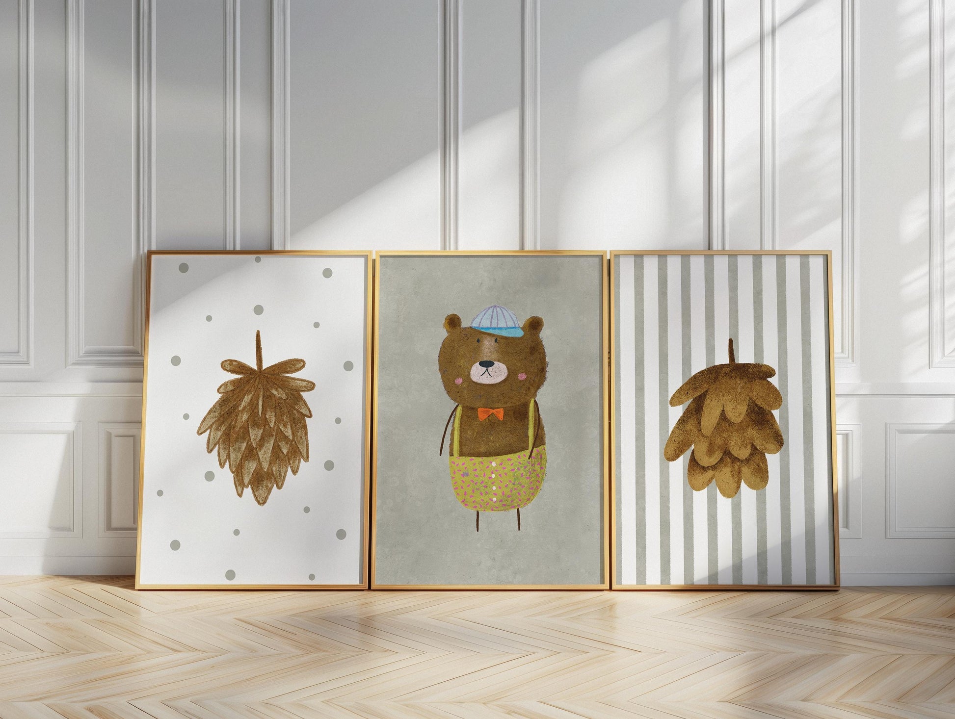 Woodland Bear Nursery Art – Set of 3 Boho Forest Prints (Physical Paper) N202