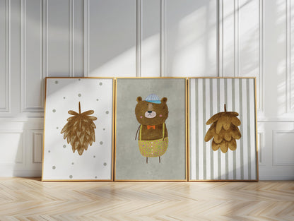Woodland Bear Nursery Art – Set of 3 Boho Forest Prints (Physical Paper) N202