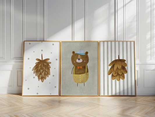 Woodland Bear Nursery Art – Set of 3 Boho Forest Prints (Physical Paper) N202