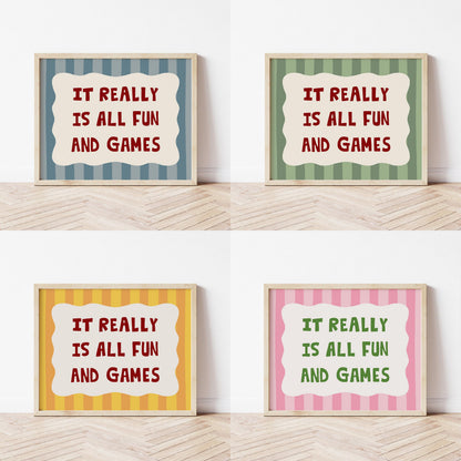 All Fun and Games Poster, Funky Playroom Art, Colorful Kids Print MR92