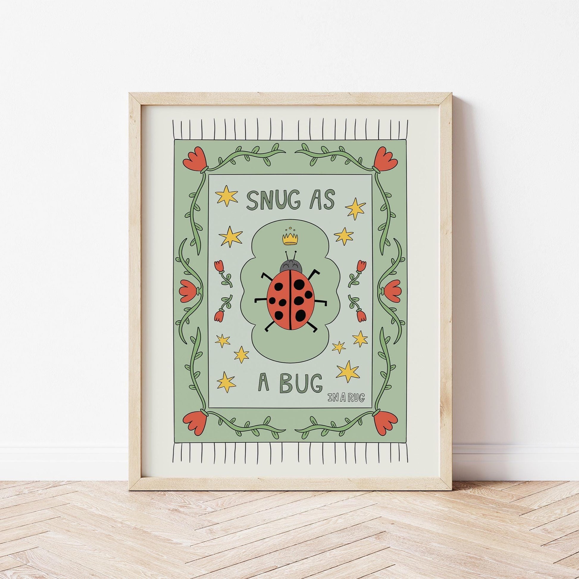 Snug as a Bug in A Rug Poster, Ladybug Nursery Print: Hand-Drawn Whimsical Kids Wall Art MR23