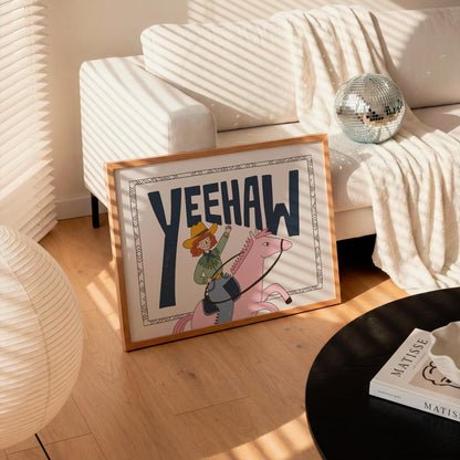 Yeehaw Western Wall Art, Cowgirl Horse Print, Kids Room Poster (MR89)