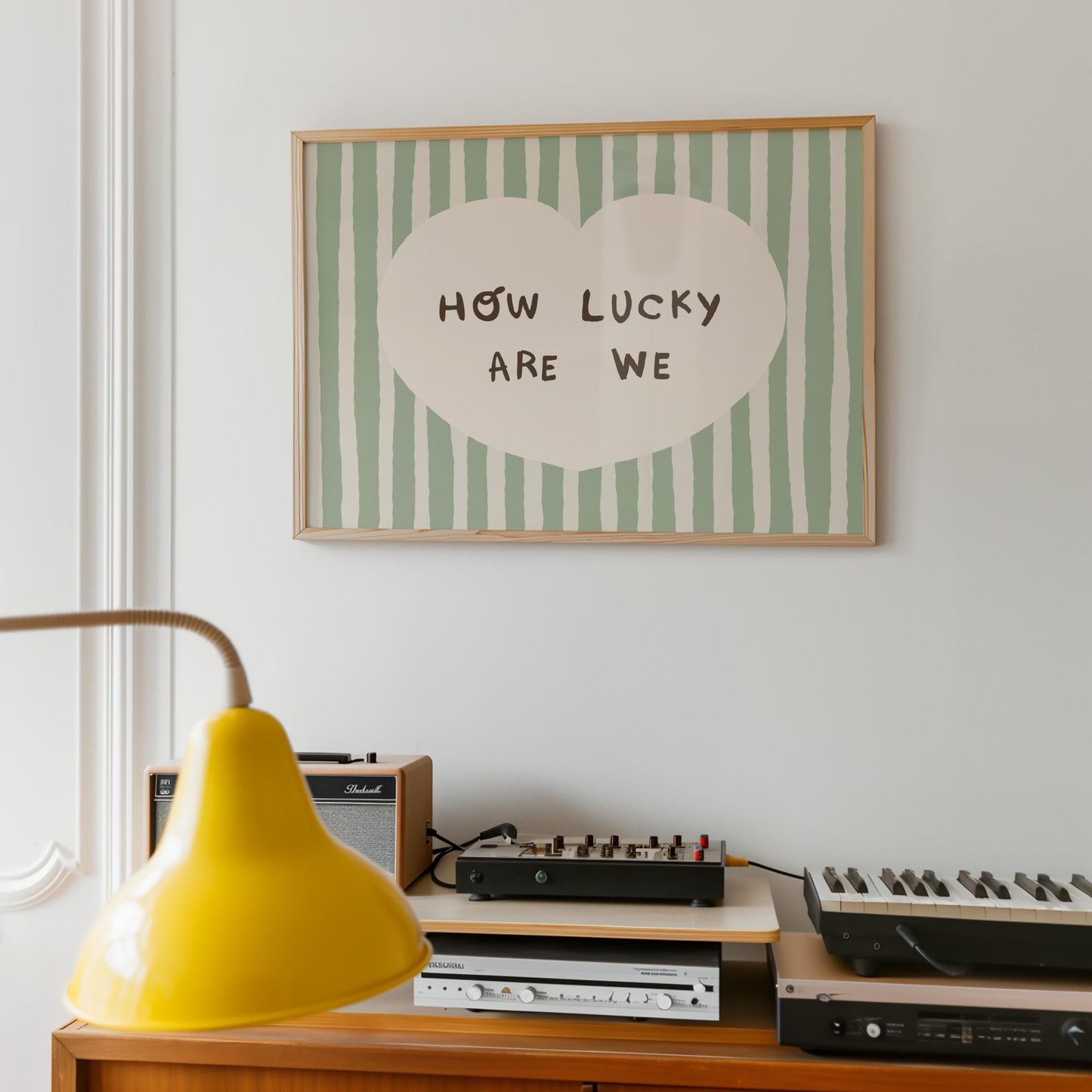 How Lucky Are We Print, Striped Heart Trendy Quote Wall Art, Home Decor (Unframed) MR59