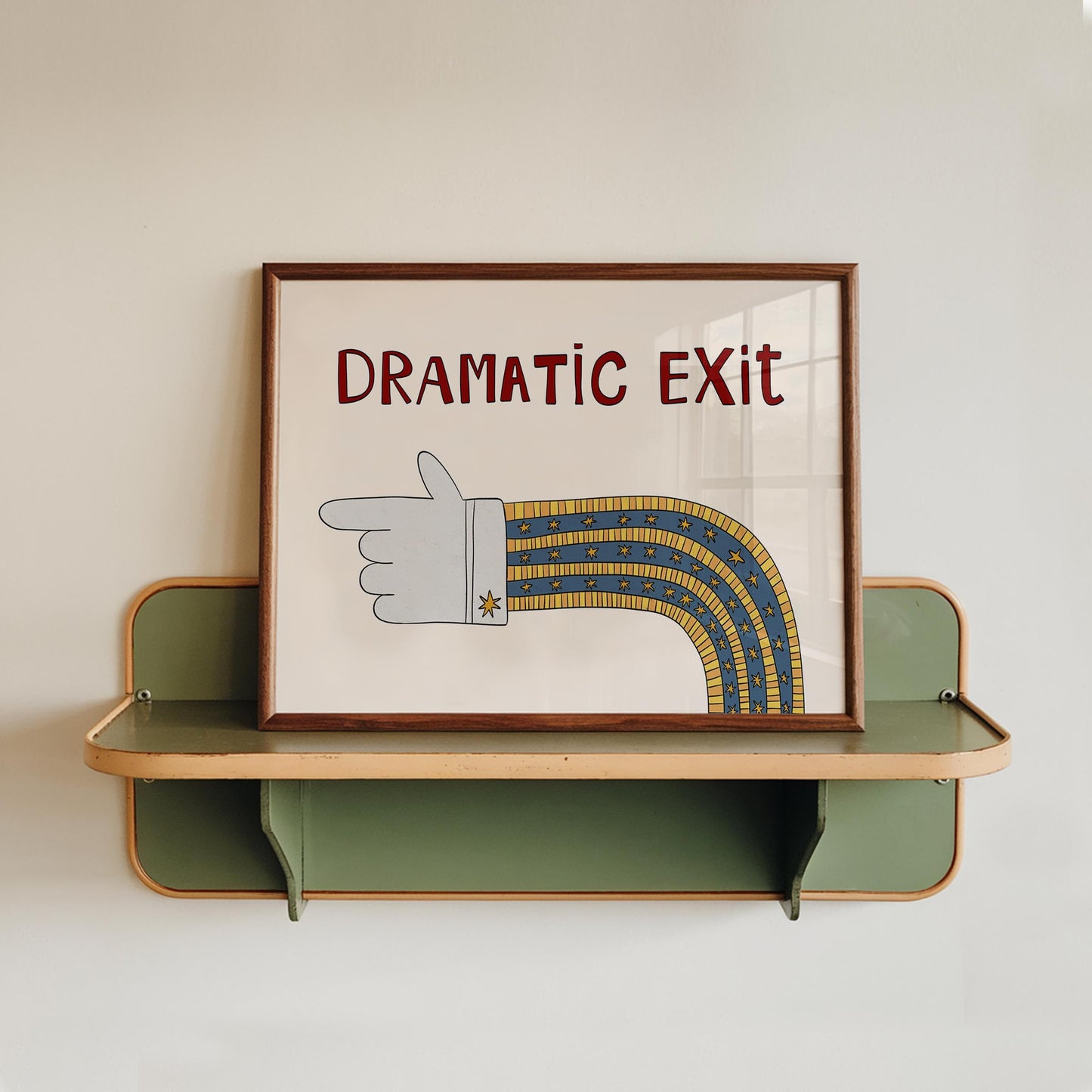 Dramatic Exit Print, Whimsical Retro Doodle Poster, Left-Pointing Hand Wall Art for Entryway or Living Room, Unframed MR47