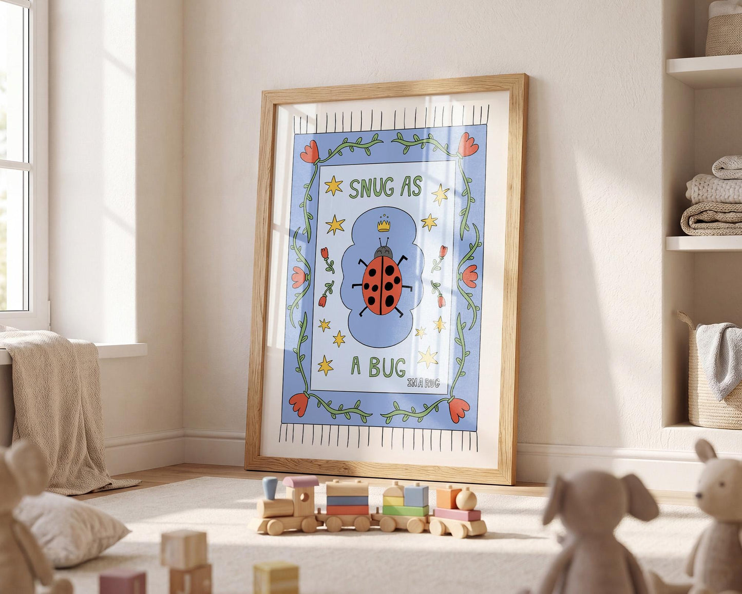 Snug as a Bug in A Rug Poster, Ladybug Nursery Print: Hand-Drawn Whimsical Kids Wall Art MR23