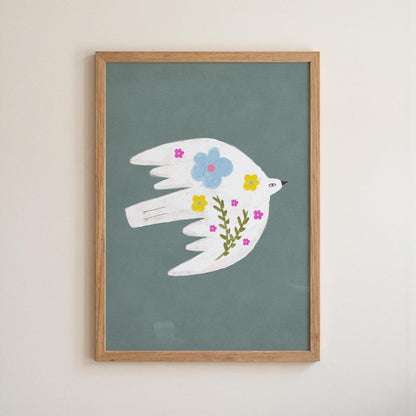 Floral Bird Wall Art Print, Whimsical Bird Illustration, Nursery Kids Room Decor (N199)